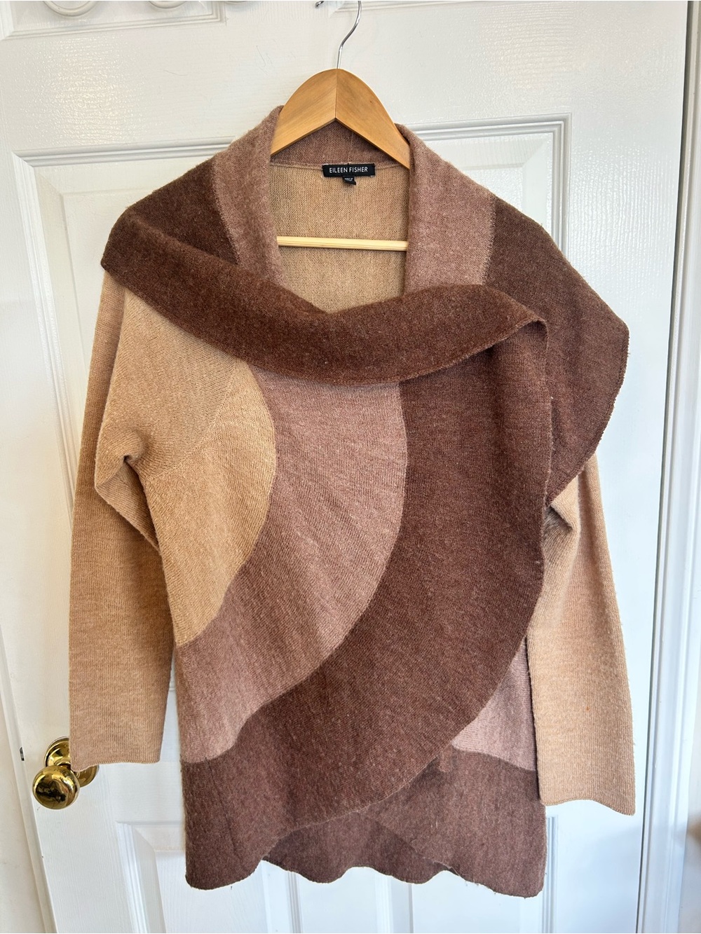 Eileen Fisher Two-Tone Brown & Tan Draped Cardigan | 100% Merino Wool | Size L - Picture 7 of 7